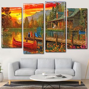 cabin by lake sunset panels paint by numbers