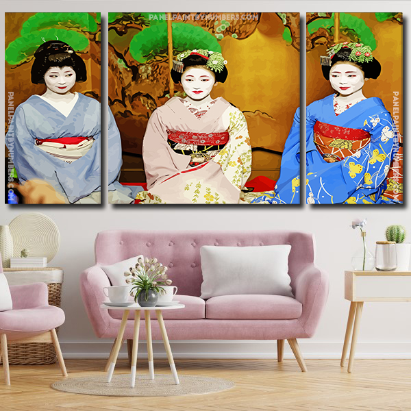 Japanese Geisha - 3 Panels Paint By Number - Panel paint by numbers