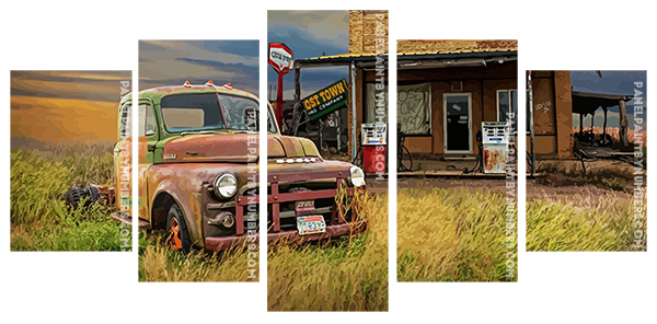 Abandoned Dodge Truck And Gas Station panels paint by numbers