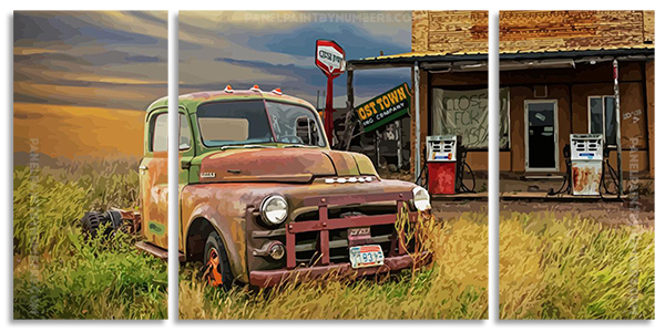 Abandoned Dodge Truck And Gas Station panels paint by numbers