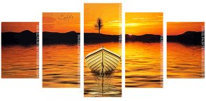 White Boat Illustration At Sunset Panel paint by numbers