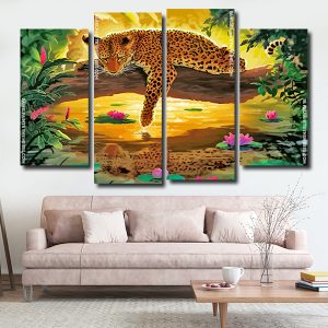 Leopard Water Reflection 4 Panels Paint By Numbers