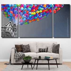 Flying Monochrome House With Colorful Balloons 3 Panels Paint By Numbers