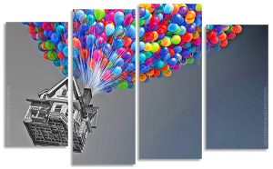 Flying Monochrome House With Colorful Balloons 4 Panels Paint By Numbers