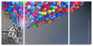 Flying Monochrome House With Colorful Balloons 3 Panels Paint By Numbers