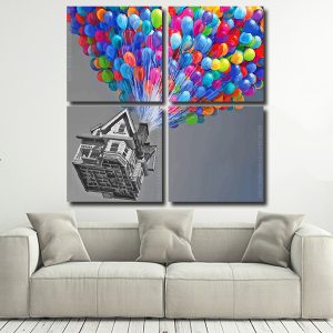 Flying Monochrome House With Colorful Balloons Square Panels Paint By Numbers