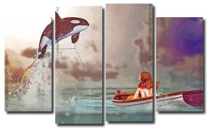 Girl On Boat And Whales 4 Panels Paint By Numbers