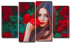 Gorgeous Woman With Red Flower 4 Panels Paint By Numbers