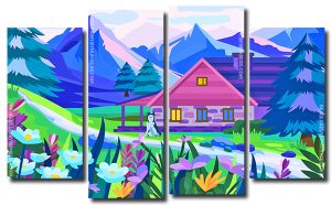 House In The Mountains 4 Panels Paint By Numbers