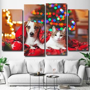 Jack Russell Terrier and Kitty Enjoying Christmas Evening 4 Panels Paint By Numbers