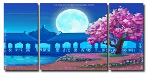 Moon And Cherry Blossom Floral Tree 3 Panels Paint By Numbers