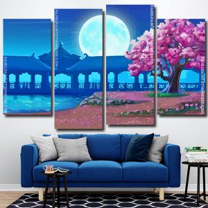 Moon And Cherry Blossom Floral Tree 4 Panels Paint By Numbers