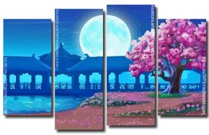 Moon And Cherry Blossom Floral Tree 4 Panels Paint By Numbers