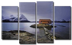 Norwegian Cabin By Lake 4 Panels Paint By Numbers