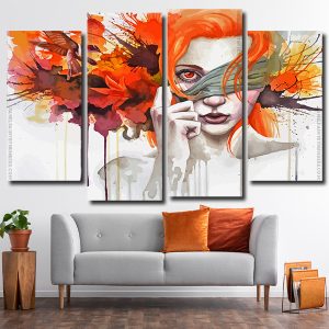 Red Head Splatter Lady 4 Panels Paint By Numbers