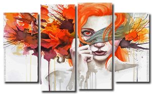 Red Head Splatter Lady 4 Panels Paint By Numbers