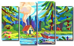 Small House in The Wood 4 Panels Paint By Numbers