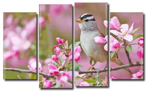 Sparrow Bird and Pink Flowers 4 Panels Paint By Numbers