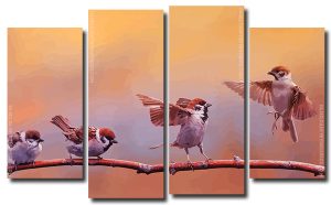 Sparrows Bird On A Branch 4 Panels Paint By Numbers