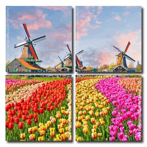 Tulip Fields and Windmills Square Panels Paint By Numbers