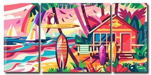 Aesthetic Beach Hut And Surfboard 3 Panels Paint By Numbers