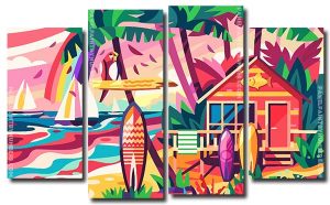 Aesthetic Beach Hut And Surfboard 4 Panels Paint By Numbers