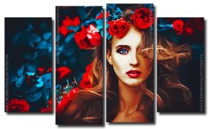 Beautiful Woman With Red Flower 4 Panels Paint By Numbers