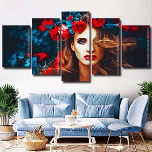 Beautiful Woman With Red Flower 5 Panels Paint By Numbers