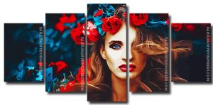 Beautiful Woman With Red Flower 5 Panels Paint By Numbers