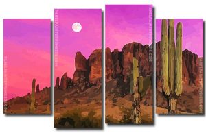 Desert Cactus And Full moon 4 Panels Paint By Numbers