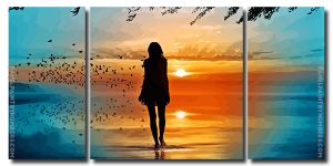 Girl Walking On Beach Silhouette 3 Panels Paint By Numbers