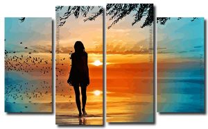 Girl Walking On Beach Silhouette 4 Panels Paint By Numbers