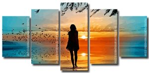 Girl Walking On Beach Silhouette 5 Panels Paint By Numbers