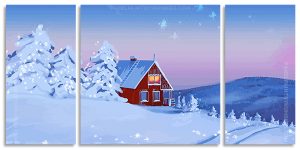 House Snow Winter Landscape 3 Panels Paint By Numbers