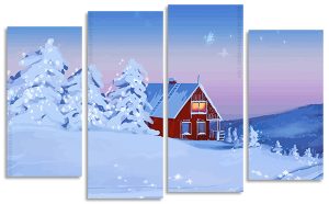 House Snow Winter Landscape 4 Panels Paint By Numbers