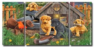 Puppies And Duck 3 Panels Paint By Numbers