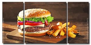 Tasty Burger And French Fries 3 Panels Paint By Numbers