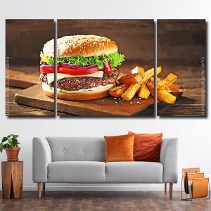 Tasty Burger And French Fries 3 Panels Paint By Numbers