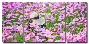 Woman In A Field Of Pink Flowers 3 Panels Paint By Numbers