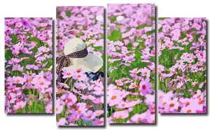 Woman In A Field Of Pink Flowers 4 Panels Paint By Numbers