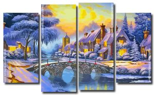 Winter Landscape House 4 Panels Paint By Numbers