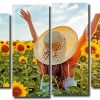 Woman Enjoying Sunflowers 4 Panels Paint By Numbers