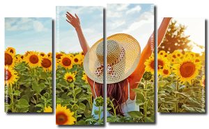 Woman Enjoying Sunflowers 4 Panels Paint By Numbers